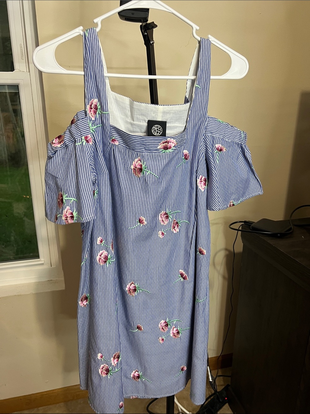 bobeau Blue & White Striped Cold-Shoulder Mini Dress with Pink Floral Embroidery